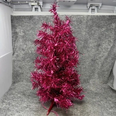 Mini Hot Pink Tinsel Tree Christmas 24" Pre Lit Pink Lights Retro Style Cute - Image 1 of 4