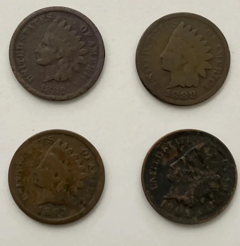 Lot of Indian Head One Cent - 1883, 1893, 1888 & 1905 US Coins Cover