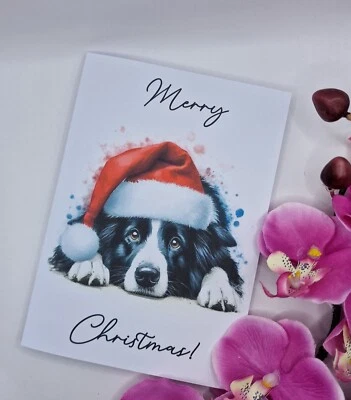 Tarjeta de Navidad Border Collie Dog blanco y negro. Tarjeta de Navidad para amantes de los perros. Foto 1 de 4