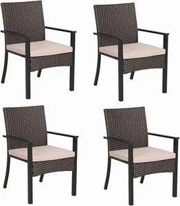 Patio Chairs Set of 4 Rattan Outdoor Dining Chair Wicker Armchair with Cushion - Picture 1 of 10