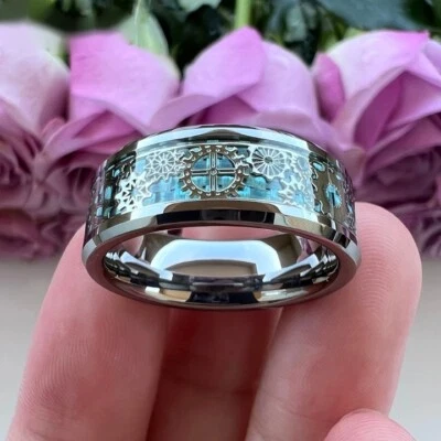 8 毫米硬质合金环齿轮蓝色碳纤维镶嵌舒适贴合环 — 第 1/4 张图片