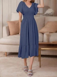 Women's Summer V Neck Maxi Dress Casual Loose High Waist Flowy Long Beach Dress - Picture 1 of 9