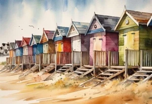 Vibrant Coastal Beach Huts Watercolour Print Sea Wall Art Poster Picture - Picture 1 of 6