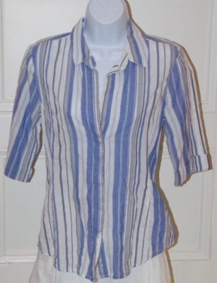 Camisa para mujer JAMES PERSE blanca azul a rayas manga al codo botón delantero talla 1 Foto 1 de 4