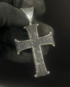 Christmas Gift For Men's "Cross" Charm Pendant Round Black Cubic Zirconia Silver - Picture 1 of 6