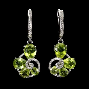 925 Sterling Silver Earrings Pear Peridot 9x7mm White Topaz Gemstone Jewelry - Picture 1 of 13