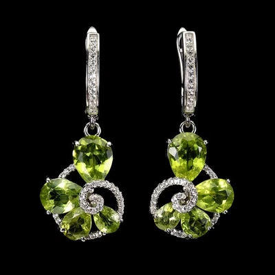 925 Sterling Silver Earrings Pear Peridot 9x7mm White Topaz Gemstone Jewelry - Image 1 of 4