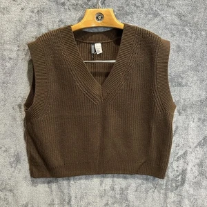 H&M Divided Sweater Vest Mens XL Brown V Neck Rib Knit Cropped Sleeveless - Picture 1 of 7