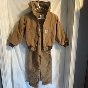 Carhartt Canvas Jacket And Bibs Set Youth Sz Small Brown Hooded USA Outdoors - Picture 1 of 14