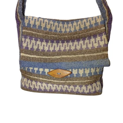 Handwoven Wool Shoulder Bag Blue White Brown Stripes Wood Button Closure Vintage - Image 1 of 4