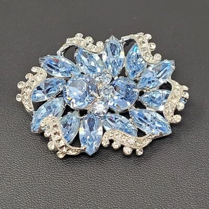Vtg 60's Signed Eisenberg Rhinestone Brooch Pin Ice Blue Flower Silver Ribbon - Picture 1 of 8