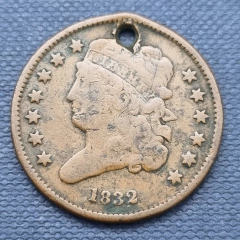 1832 Classic Head Half Cent 1/2c Circulated holed #47777 Cover