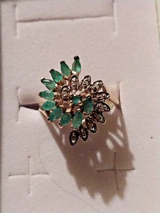 10k Vintg $ l800 1ct Marquise kolumbianischer Smaragd Diamant Gelbgold Ring JS633MES - Bild 1 von 4