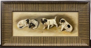 Antique 19th C. American Jack Russell Terrier Puppies & Spider Oil Painting Dogs - Picture 1 of 7