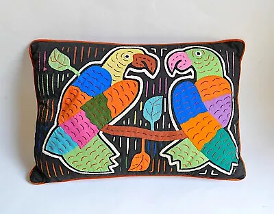 Mola Throw Pillow 16 x 11 Parrots Birds Sham Accent Embroidered Guna Kuna VTG - Image 1 of 4
