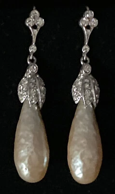 Vintage Wedding Georgian Style Silver/9ct Long Faux Drop Pearl Paste Earrings - Image 1 of 4