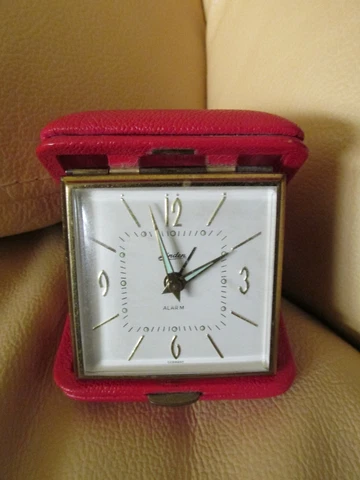 Vintage LINDEN - Travel Alarm Clock-Wind Up - Germany-Red Shell Case - It Works Cover