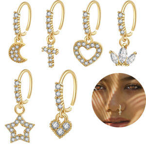 Pierced Nose Rings Hoops Cubic Zirconia Copper 18K Gold Plated Jewelry Gifts Lot