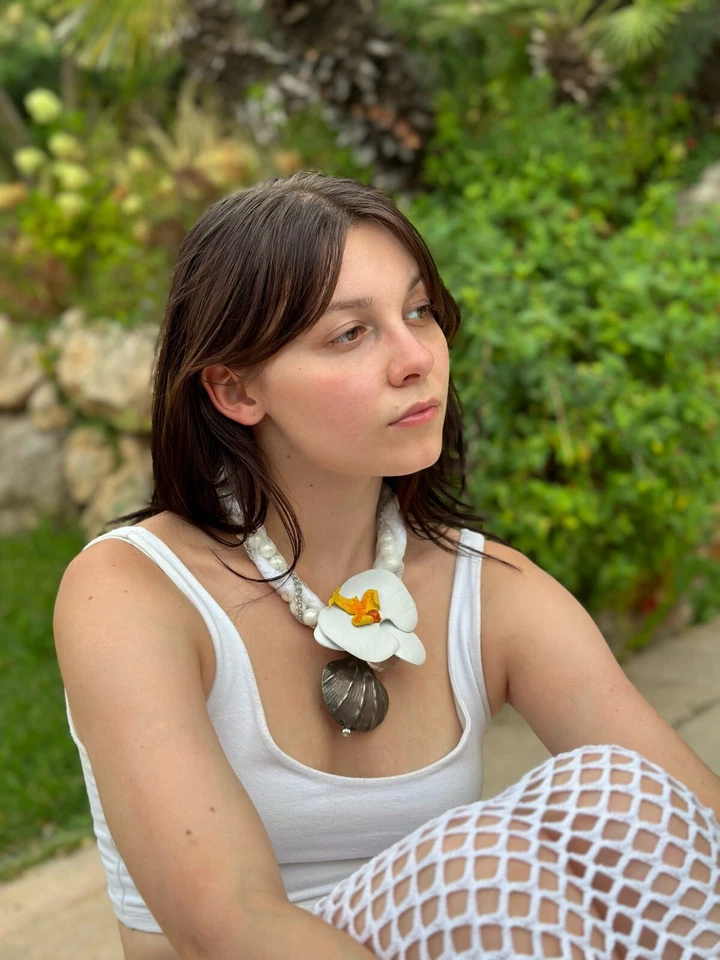 Statement Necklace White Orchid Flower Pearls 925 Silver Wedding Handmade - Image 1 of 3