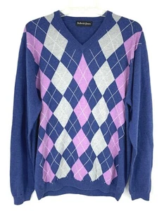 Bullock & Jones Cotton Cashmere Mens Sweater XL V Neck Blue Argyle - Picture 1 of 12