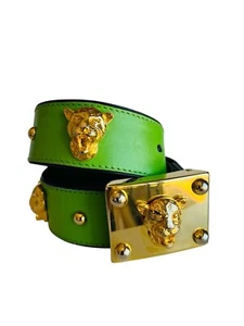 Kühn Statement Vintage Escada Leopard Panther Katzenkopf Gold Ohrstecker limettengrün - Bild 1 von 13