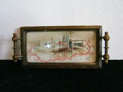 Kleines Antikes Holztablett mit sehr schönem Fischermotiv, wohl um 1900 - Bild 1 von 4