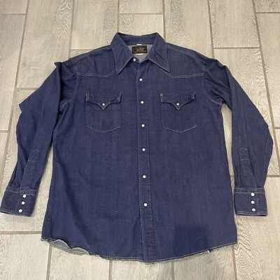 VTG Champion Western Pearl Snap Blue Denim Long Sleeve Size 17-36 XL? Long Tail - Image 1 of 4