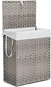 JHK Woven Laundry Basket Lid 90L Capacity Hamper Foldable Rattan Clothes Hamper - Picture 1 of 32