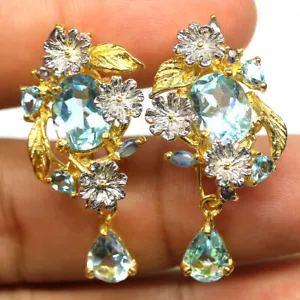 Sky Blue Topaz & Blue Sapphire Earrings 925 Sterling Silver 18K Gold Plated - Picture 1 of 4