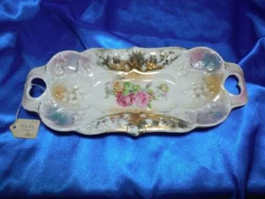 Antiguo plato de apio de porcelana rosas rosadas, 12 x 5 pulgadas, alrededor de 1910, dorado - Imagen 1 de 5