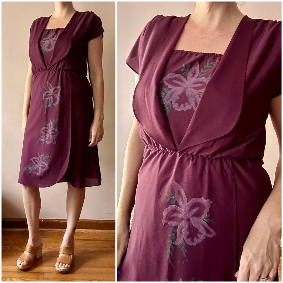 Vestido informal vintage años 70 ciruela púrpura floral hippie boho discoteca S M Foto 1 de 4