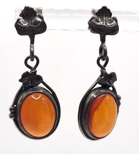 Vintage Ohrringe Bernstein Sterling Silber 925 Blätter Deko baumelt - Bild 1 von 12