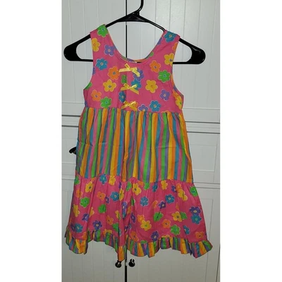 Girls Pink Flower Dress Striped Sleeveless Party Casual Cute VINTAGE size 5 90s - Image 1 of 4