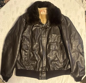 Vintage EXCELLED Genuine Leather Bomber Jacket Fur Collar Lining USA 50 Tall - Picture 1 of 8