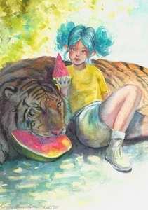 original painting A5 185ZvK artwork watercolor modern girl&tiger - Picture 1 of 2