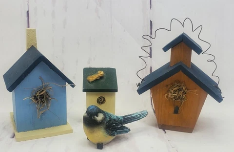 Lot of 3 - Wood Painted Bird Houses & Resin Bird Décor Farmhouse Country Rustic Cover