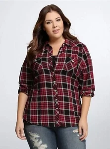 Torrid kariertes langärmliges Camp-Hemd mit Kragen und Knopfleiste burgunderrot/schwarz 3X - Bild 1 von 4