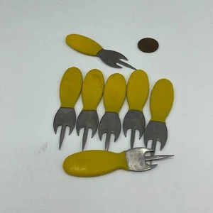 7 Vintage Mid Century Modern MCM Cocktail Forks Yellow Handle 3" Long - Picture 1 of 3