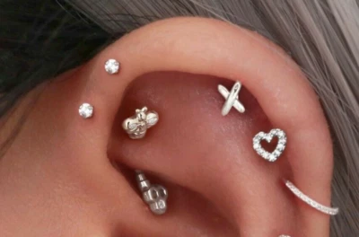 Rook Earring, Bee Rook Piercing Jewelry, Silver Rook Ear Jewelry, Curved Barbell - Image 1 of 4