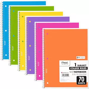 Spiral Notebooks, 6 Pack, 1-Subject, College Ruled Paper, 8" X 10-1/2", 70 Sheet - Picture 1 of 11
