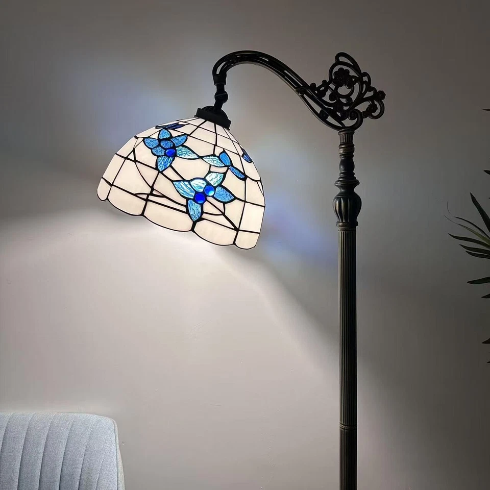 Tiffany Style Floor Lamp White Stained Glass Flowers Gooseneck Adjustable 63'H - Image 1 of 4