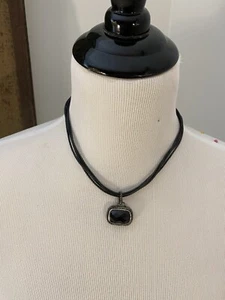 Sleek Black Choker Necklace with Rectangular Black Onyx Pendant, 18.5” - Picture 1 of 11