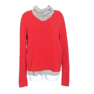 Chaps Red Cable Knit Sweater Large 100% Cotton Long Sleeve V-Neck Womens Pullove - Picture 1 of 8