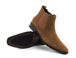 Genuine Suede Cognac Mens Dress Chelsea Boots Almond Toe Leather Lining AZAR MAN - Picture 1 of 8
