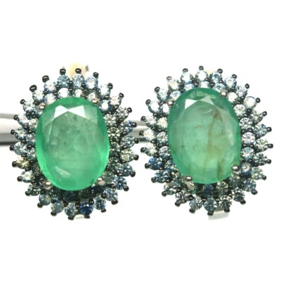 Edelstein 7 x 9 Mm. Grün Smaragd & Blauer Saphir Ohrringe 925 Silber - Bild 1 von 4