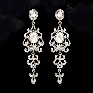 Chandelier Dangle Earrings Silver Plated Clear Crystal Rhinestone Women Prom 742 - Picture 1 of 4