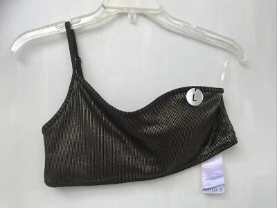 One Shoulder Crop Top Swim Bikini Top Black Gold Striped L Large Forever 21 NWT - Image 1 of 3