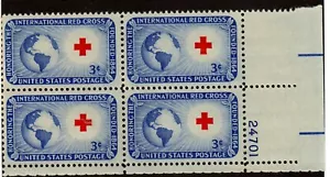 Scott 1016 3¢ Red Cross Plate Block of 4 MNH Free Shipping! - Picture 1 of 1