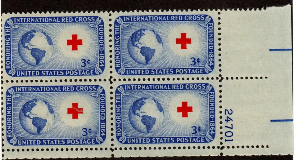 Scott 1016 3¢ Red Cross Plate Block of 4 MNH Free Shipping! - Image 1 of 1