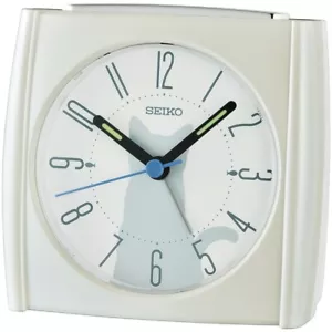 Seiko white kitten cat bedside ALARM CLOCK QHE209M Light Snooze Beep Sweep - Picture 1 of 2